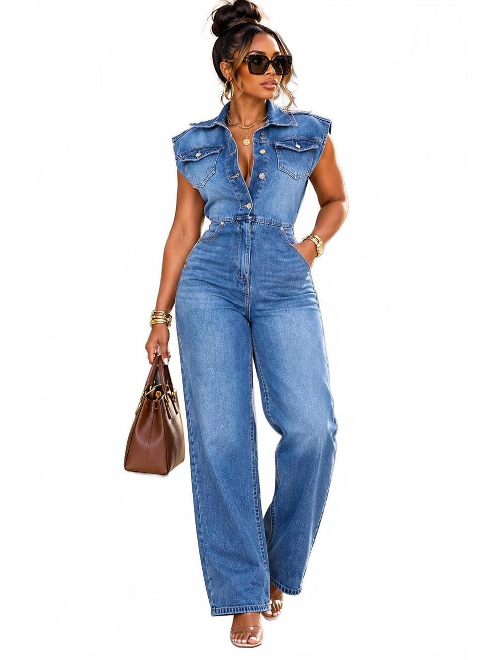 Pretty Little Thing Sleevelss Demin Urban Utility Medium Wash Jumpsuit-Size 10